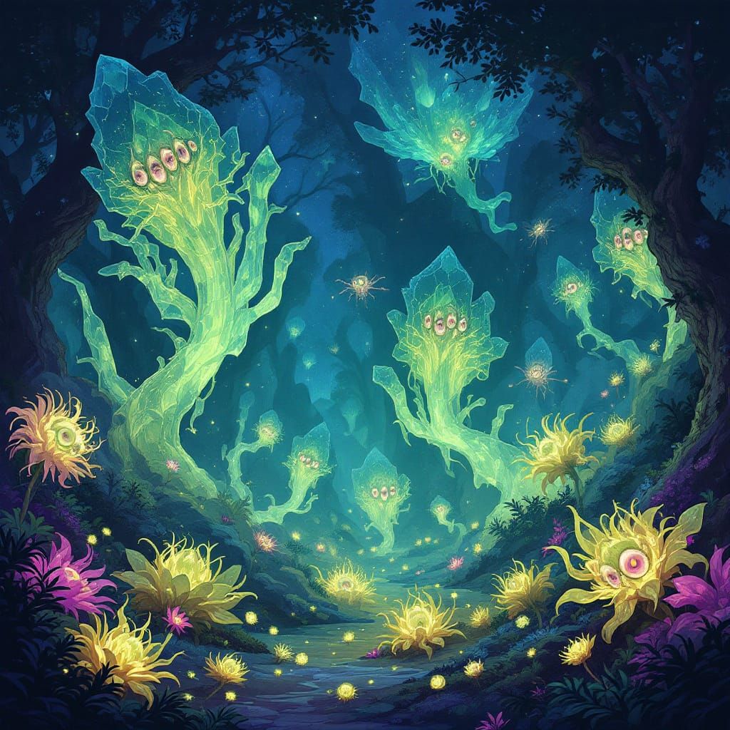 Bioluminescent Forest Night with Ethereal Creatures