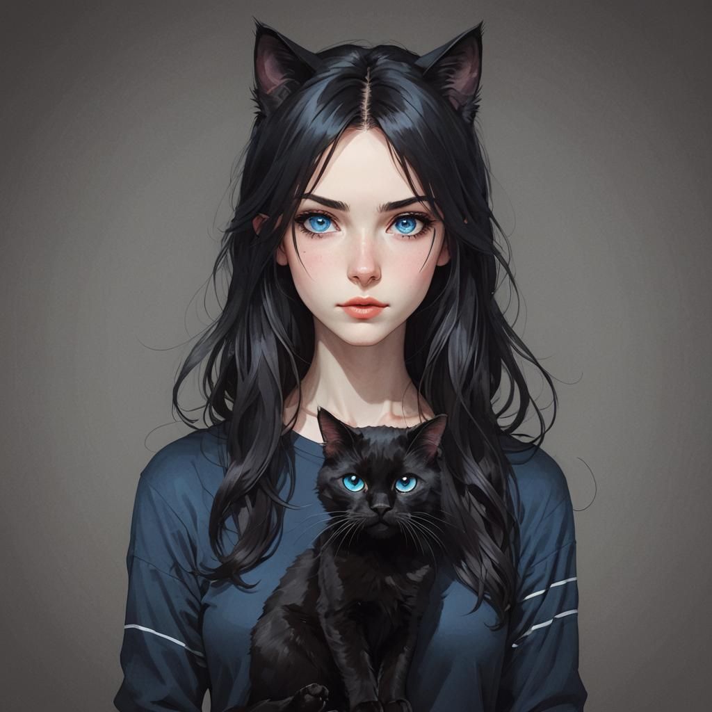 Scottish Gamer Girl with Black Cat Portrait