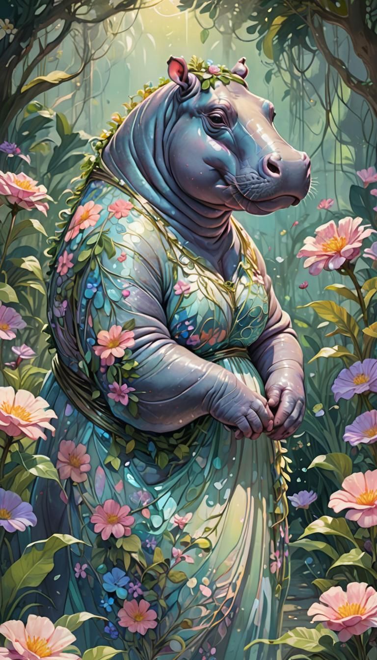 Anthropomorphic Hippo in Ethereal Pastel Garden