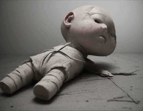 Creepy Chibi Doll Illustration with Cracked Plaster Skin