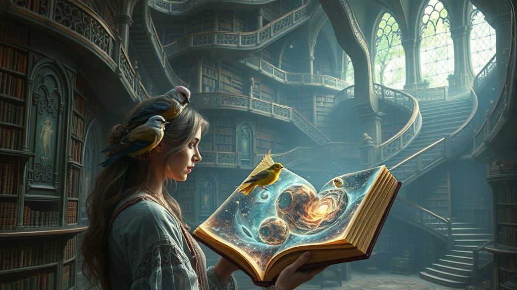Ethereal Library with Impossible Architecture and Glowing Bo...