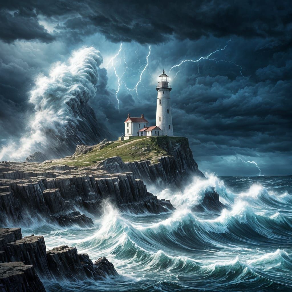 Lighthouse Braving Fierce Storm on Rocky Outcrop