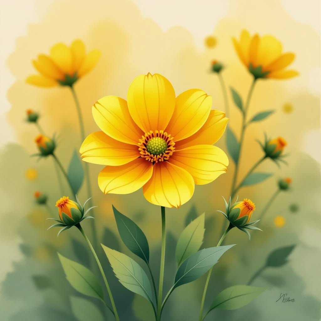 Yellow Flower Blooming in Splatter Art Garden