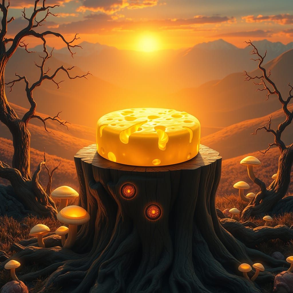 Luminescent Wheel of Cheese in Fantasy Landscape