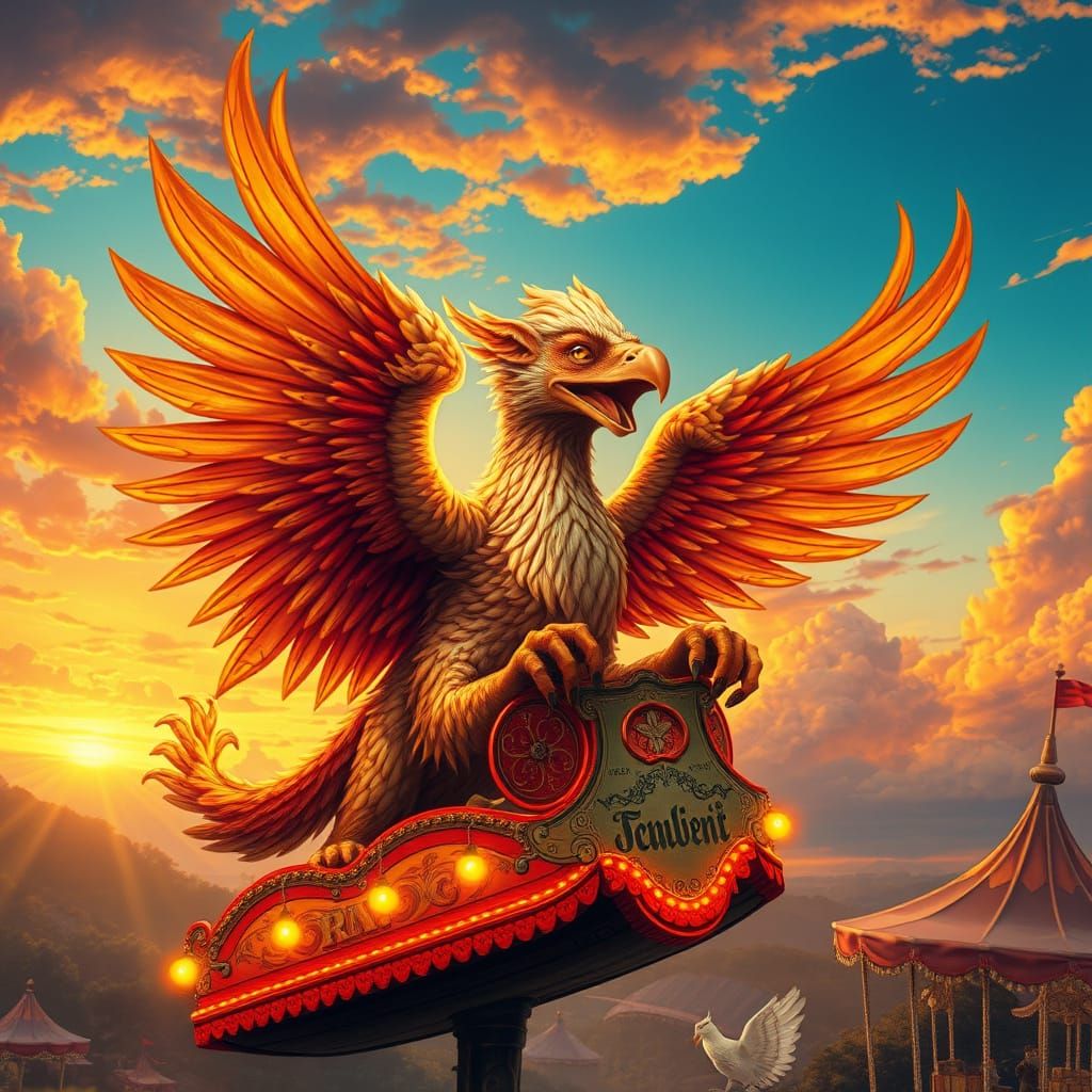 Elderly Griffin on Carnival Ride in Fantasy Steampunk Style