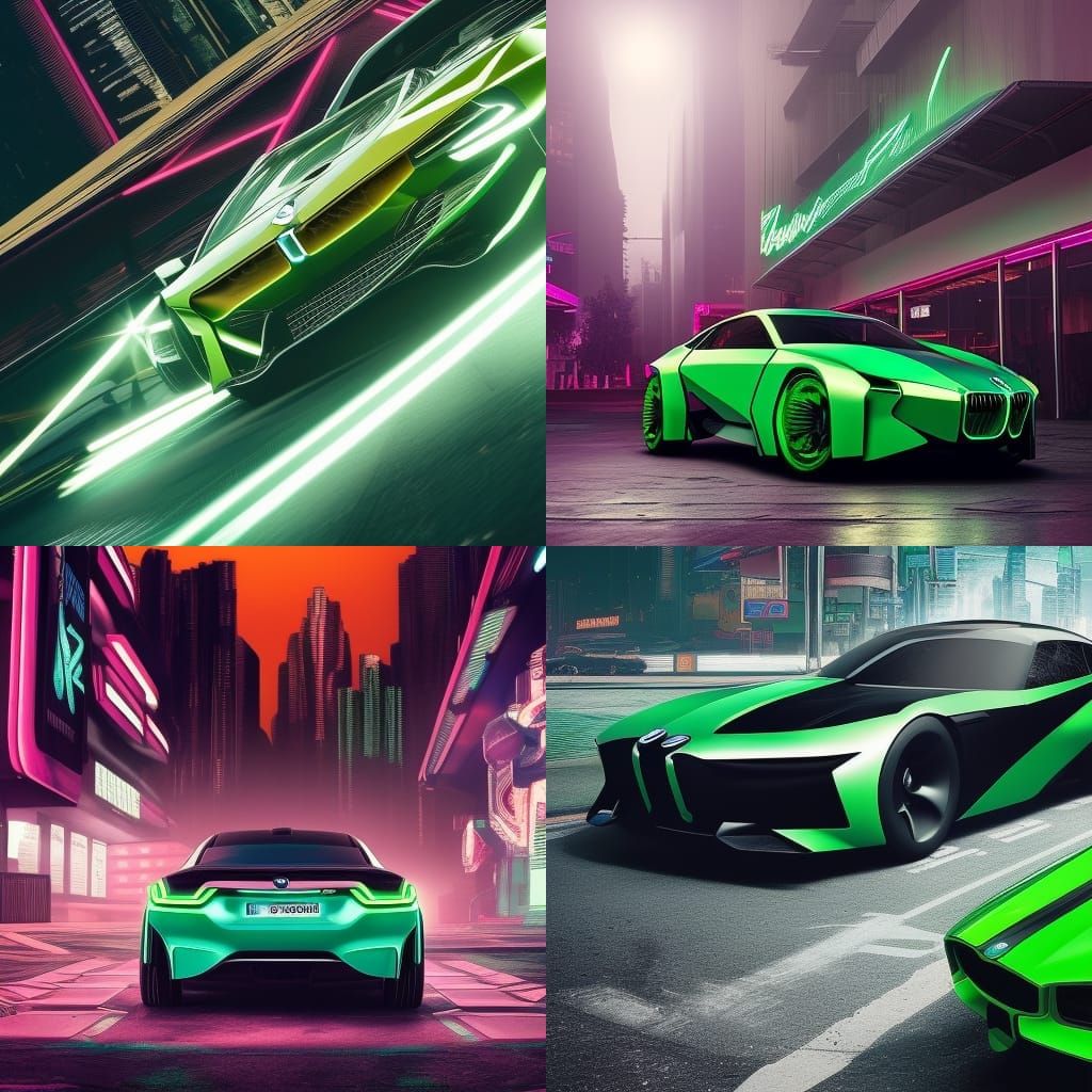 Green BMW in Cyberpunk 2099 Neon Cityscape