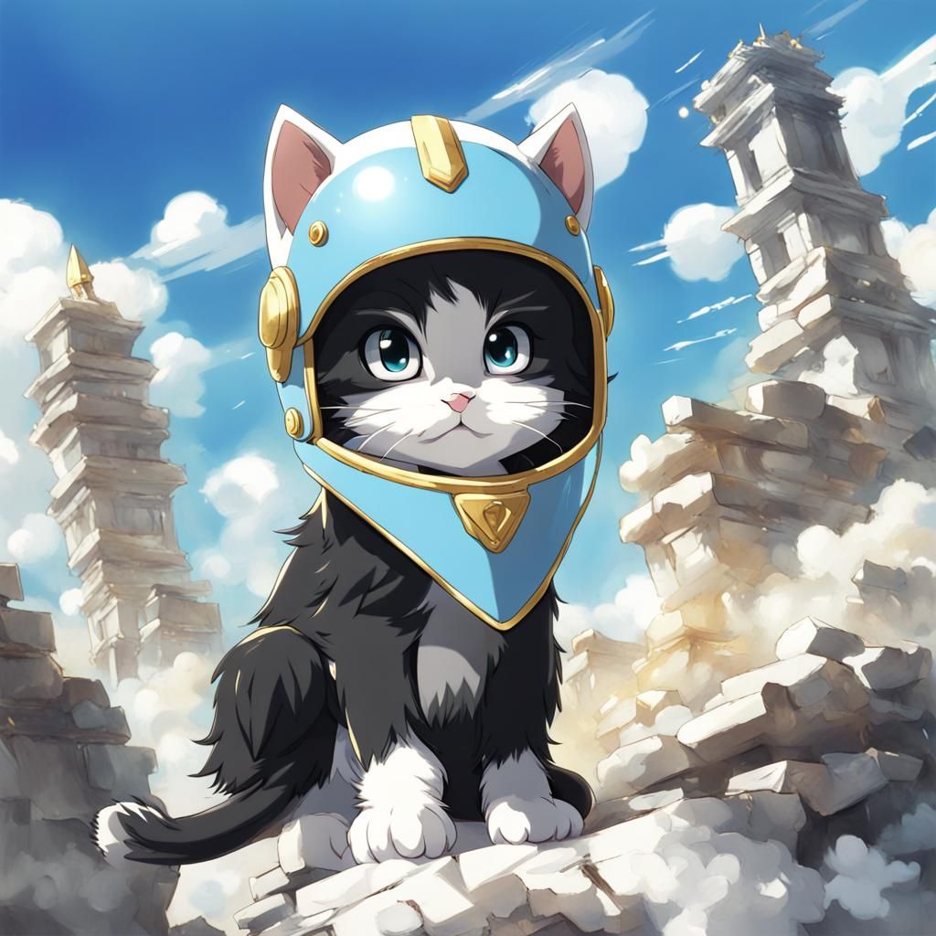 Kitten in Helmet on Cloud in Anime Style