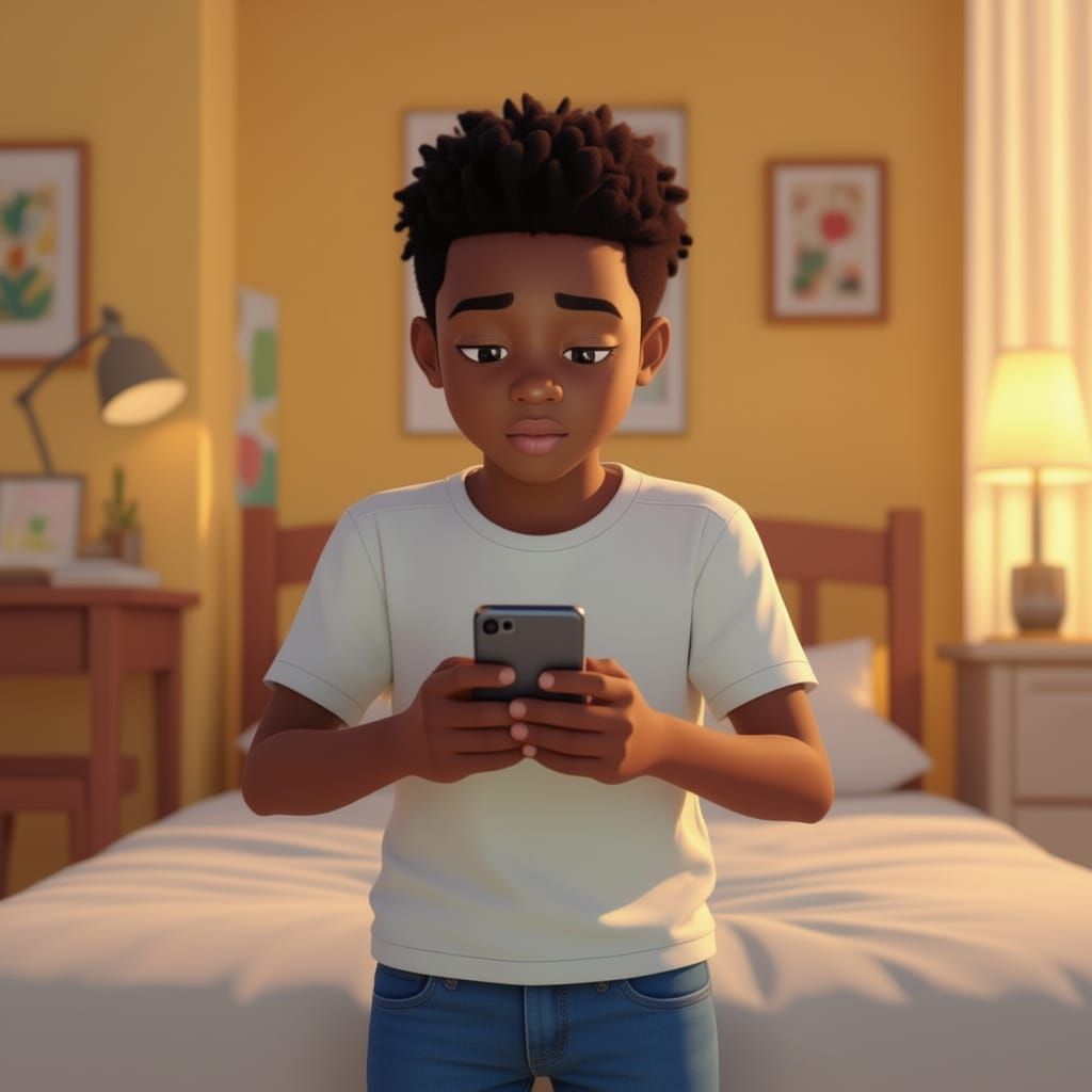 Nigerian Boy Focused on Smartphone in Cozy Yellow Room Anima...