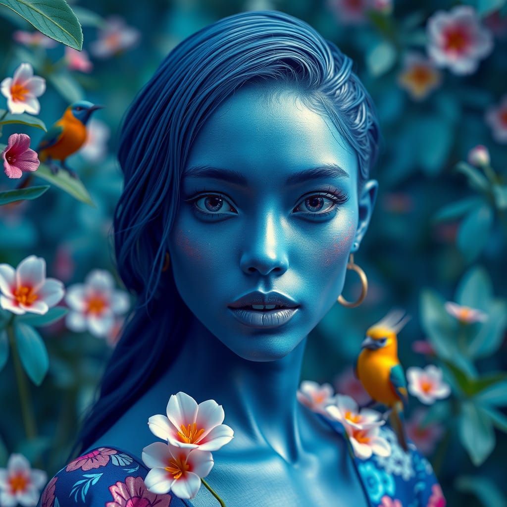 Blue Avatar Portrait in Lush Jungle, 3D Render