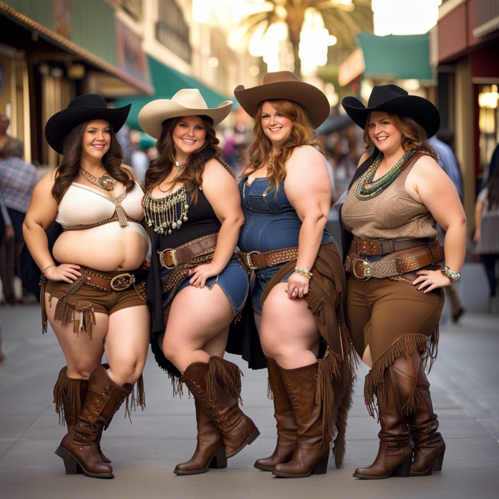 Plus-Size Cowgirls Shopping in Detailed Matte Painting