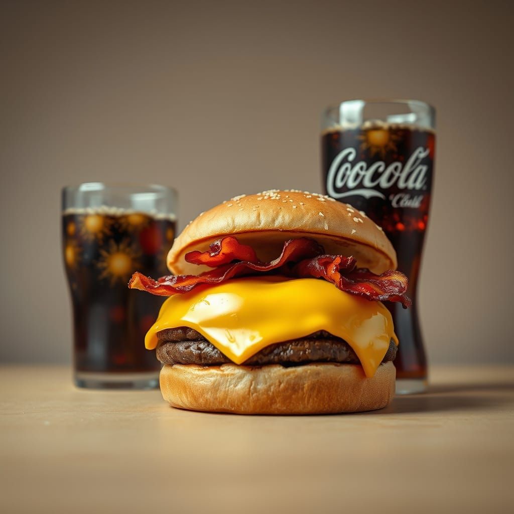 Juicy Hamburger and Coca-Cola in Cinematic Lighting