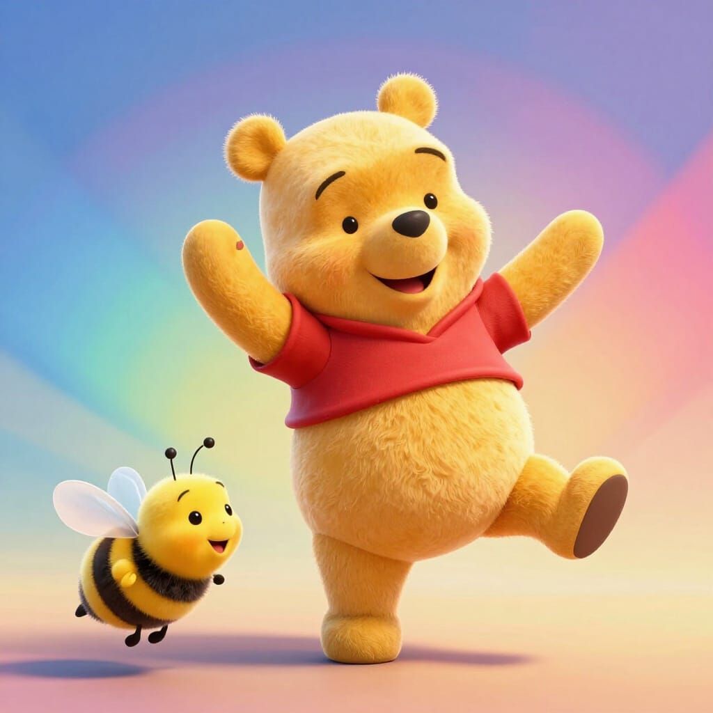 Winnie the Pooh Dances Joyfully With a Bee in Pixar Style