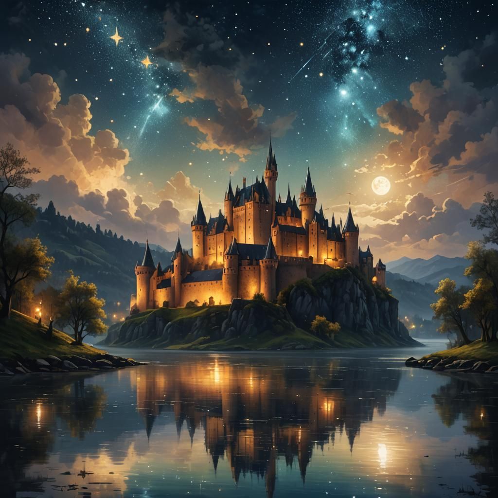 Majestic Castle Under Starry Night Sky