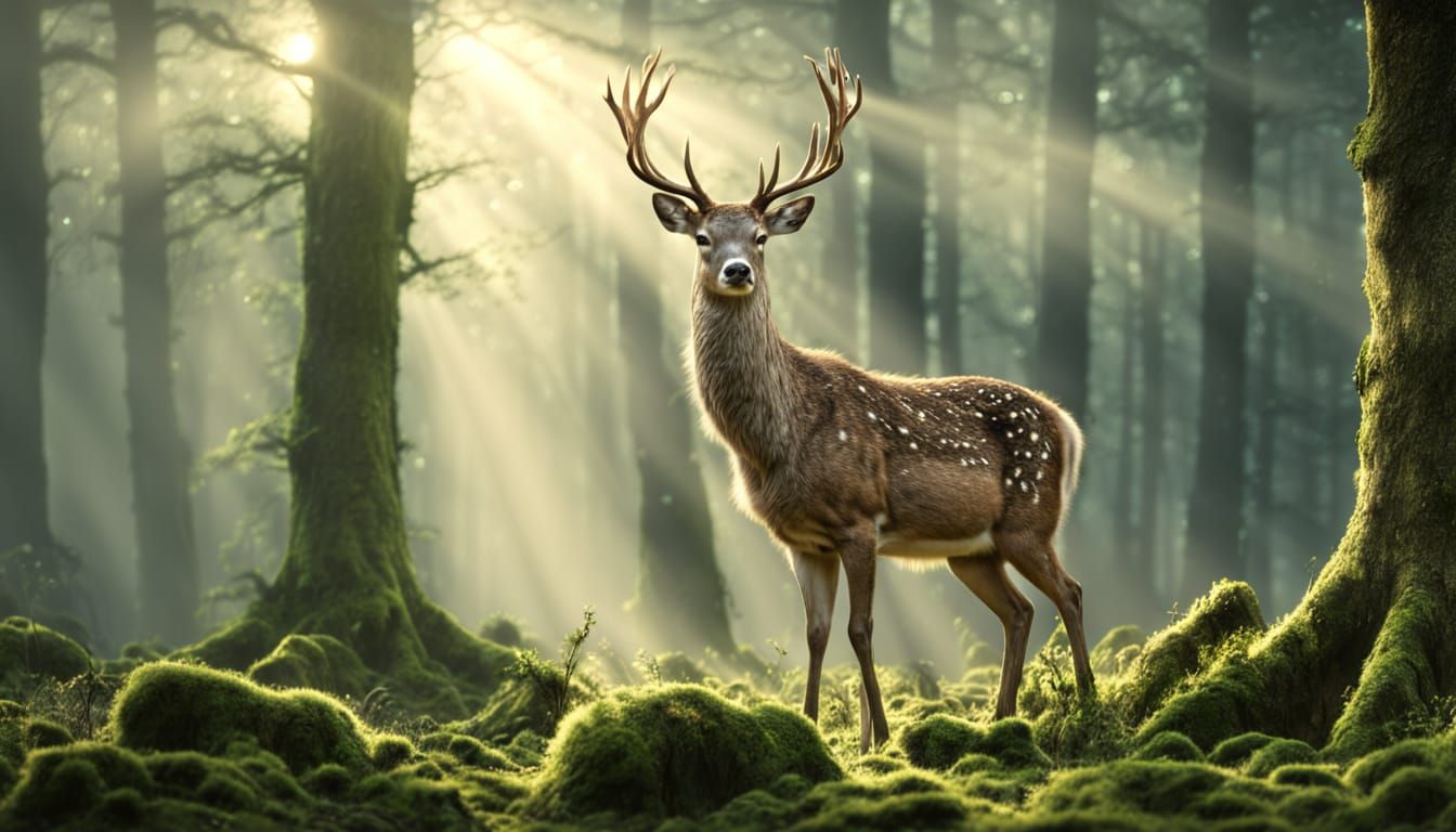 Majestic Deer in Ethereal Forest, Hyperrealistic Concept Art
