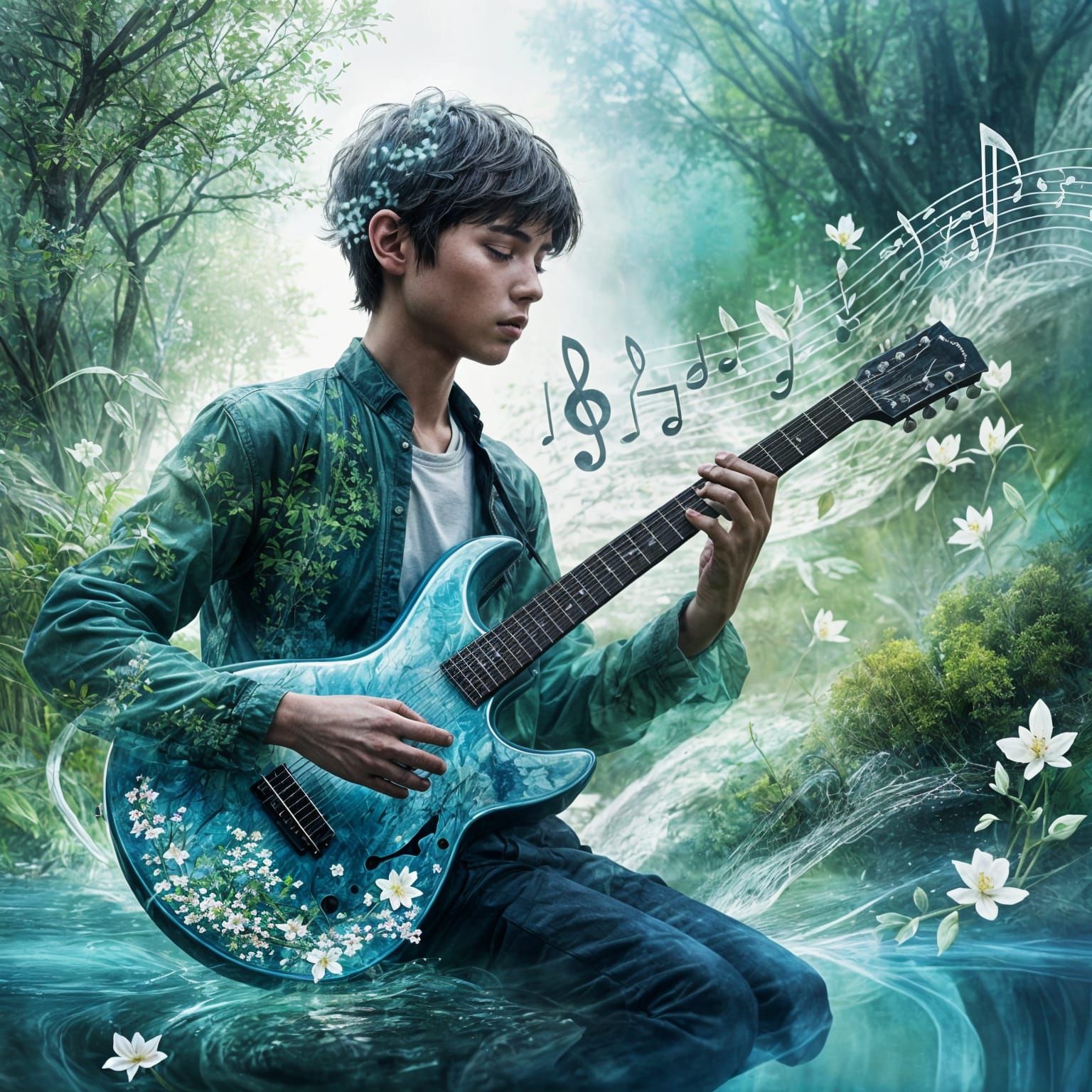 Transparent Boy Playing Guitar with Nature Elements