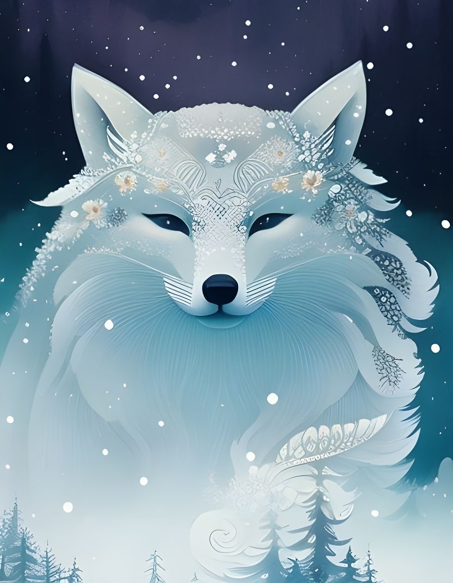 Magical Snow Fox Portrait in Watercolor Style