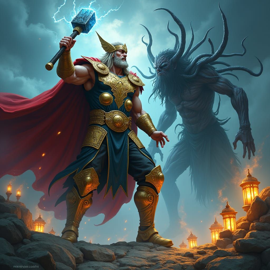 Thor Battles Dark Spirit in Mystical Landscape