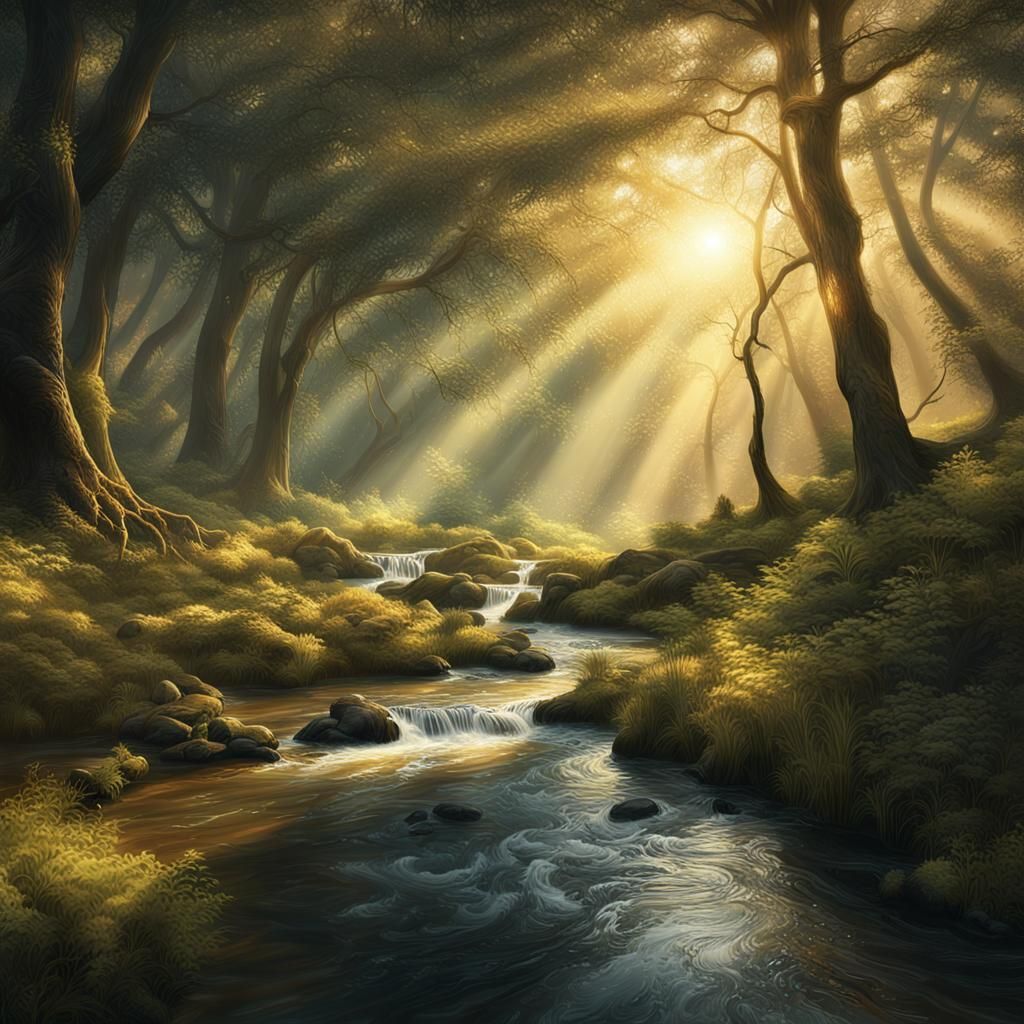 Sunlit Stream: A Sparkling Forest Scene