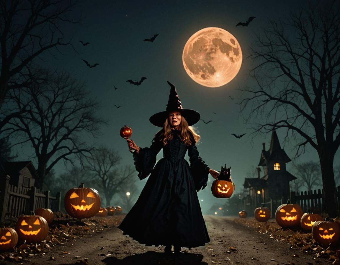 Blood-Soaked Witch with Cat and Bat, Cinematic Still