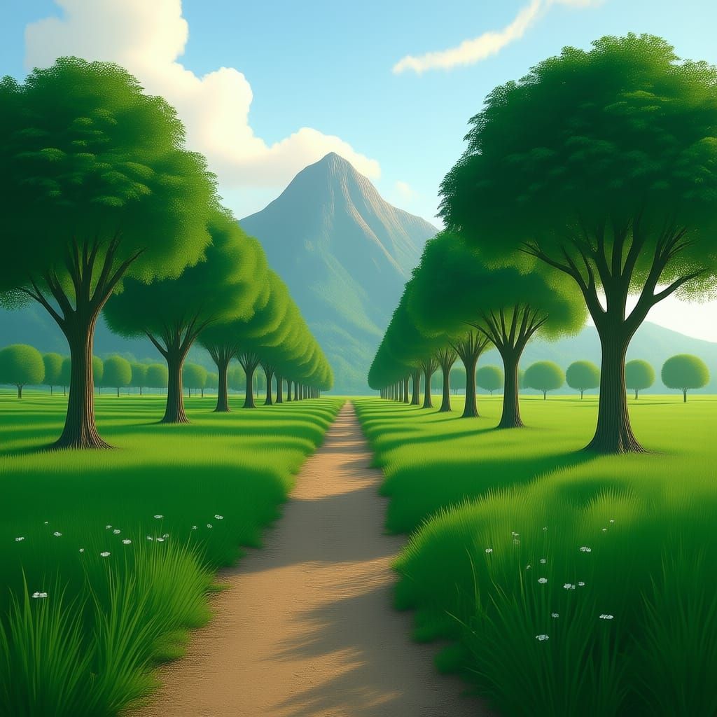 Fantastical Plain with Lush Green Trees in Matte Painting St...