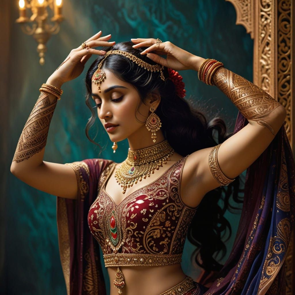 Dancer in Elegant, Ornate Costume with Intricate Henna Desig...