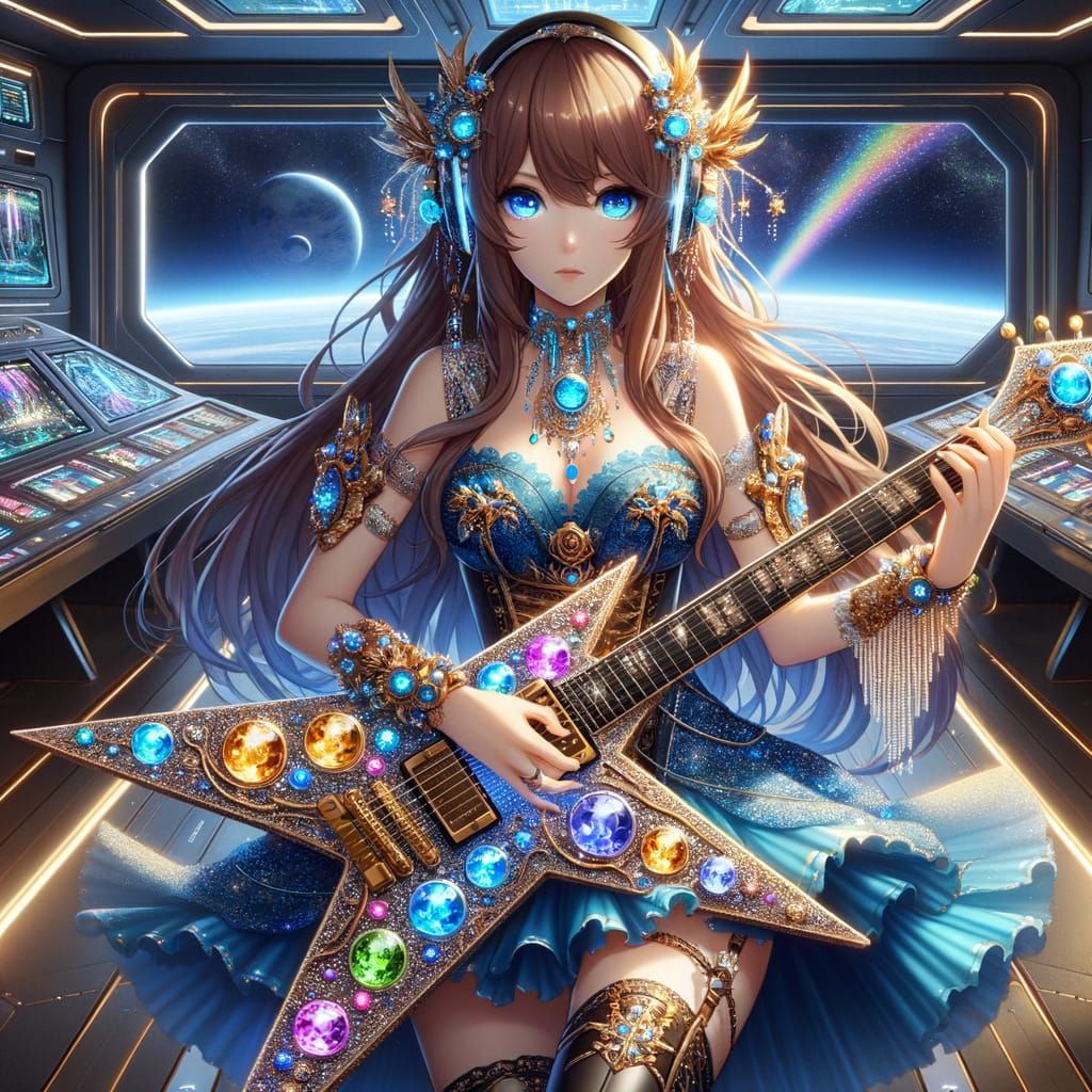 Anime Woman Plays Guitar on Starship Bridge