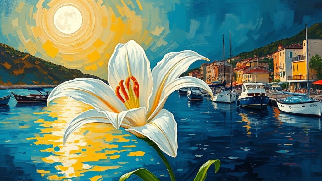 Moonlit Lily Blooms in a Mediterranean Harbor
