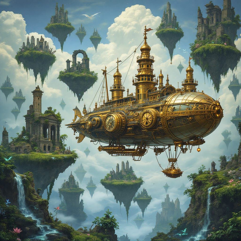 Ornate Brass Airship Among Floating Islands