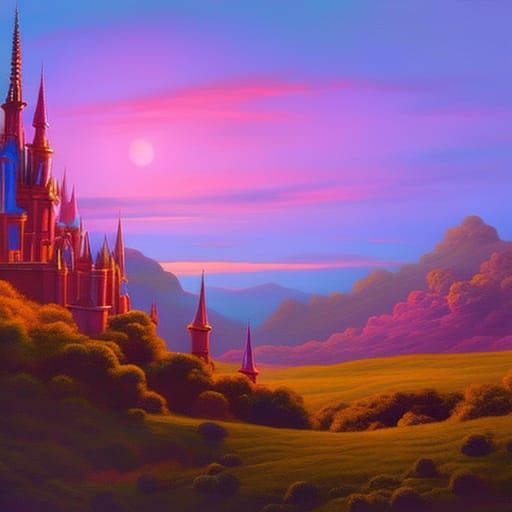 Flying Unicorn and Castle in Animated Style