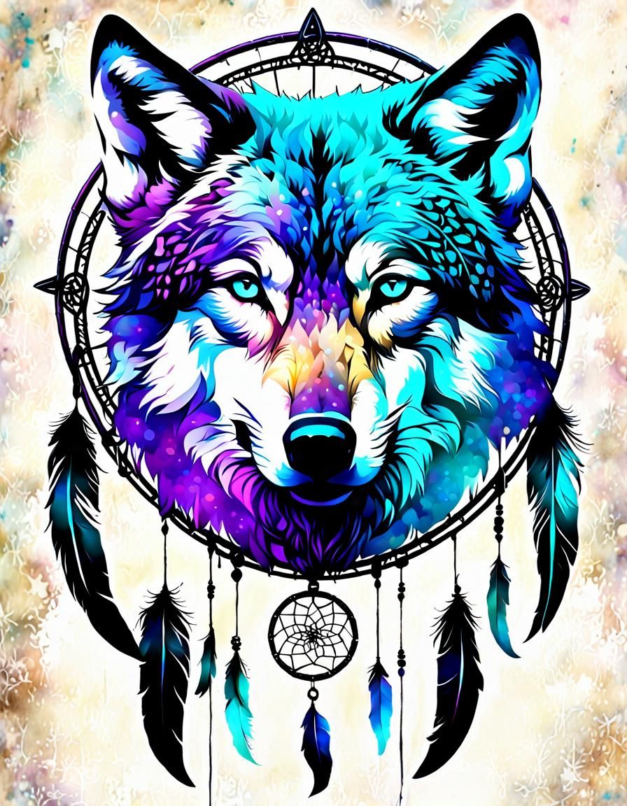 Ghost Wolf Dreamcatcher: Stylized Watercolor Art