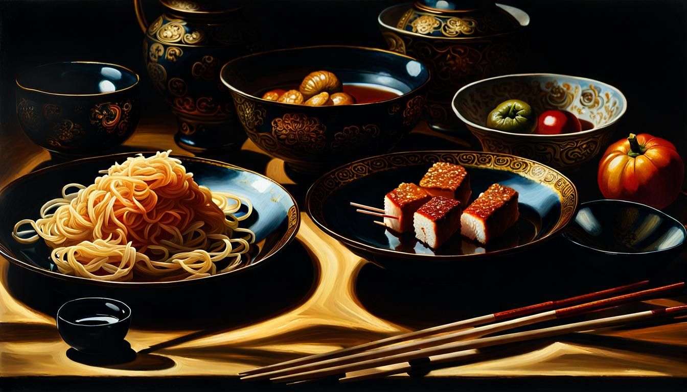Baroque Still Life of Chinese Food in Chiaroscuro