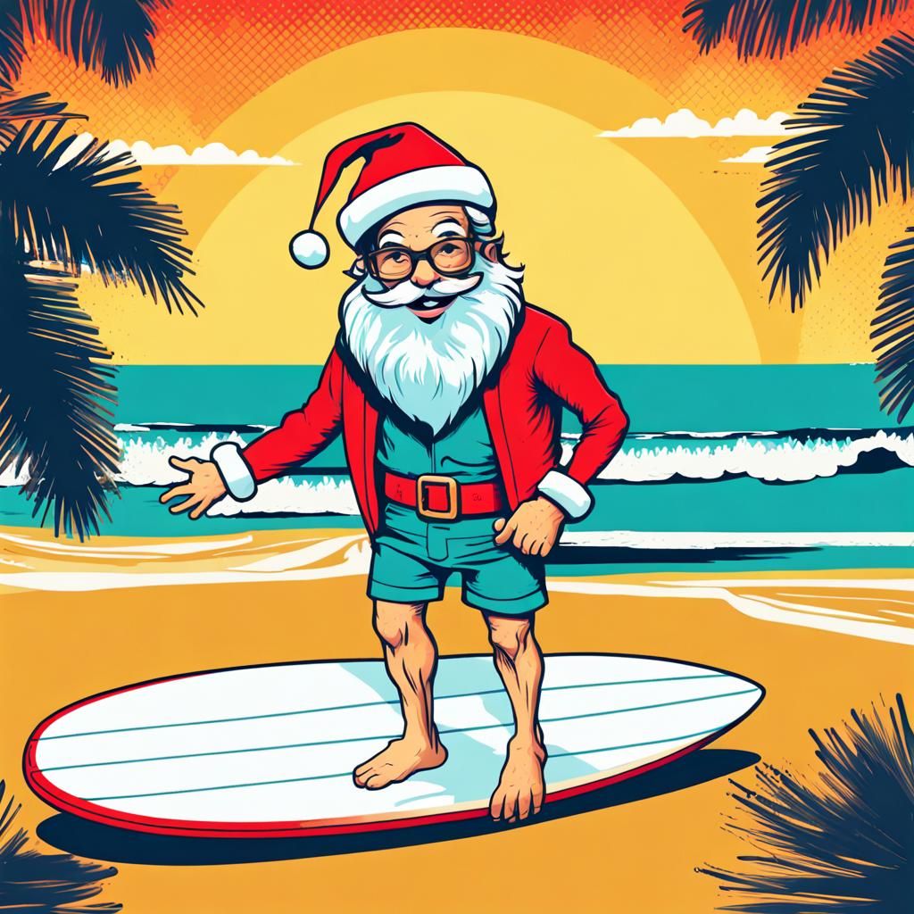 Santa Claus Surfing in Hawaii, Comic Pop Art