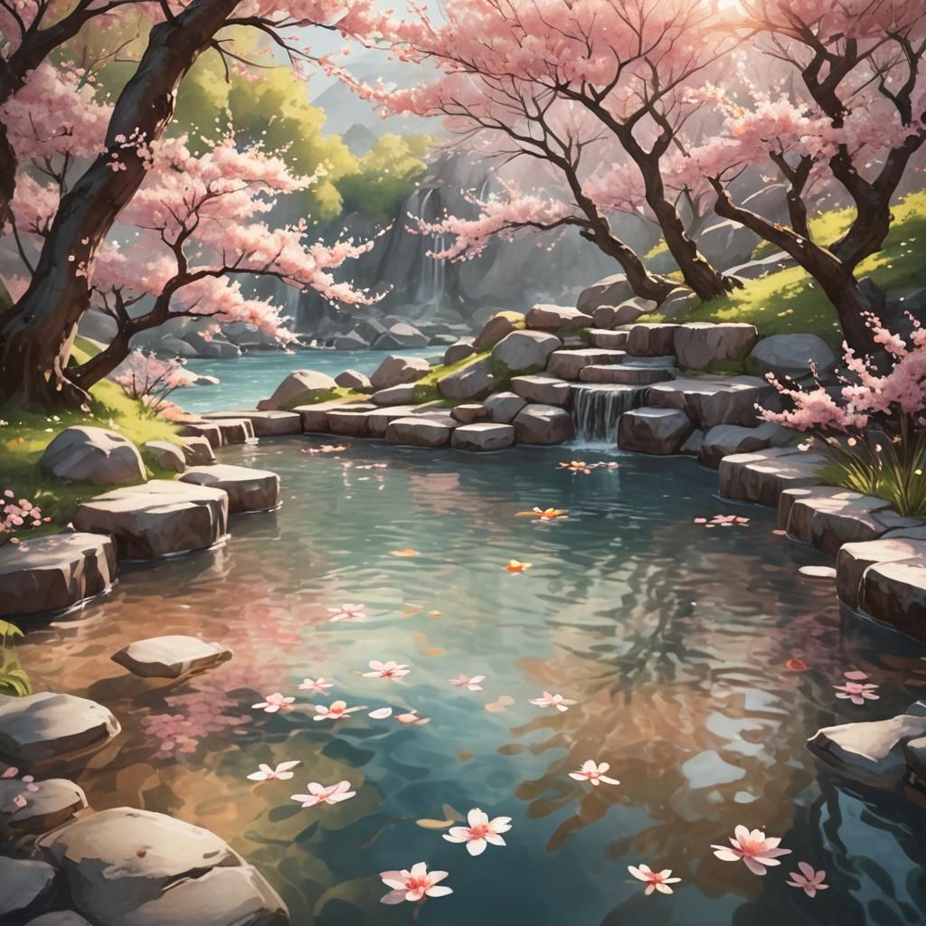 Peach Cove Spa with Cherry Blossoms in Watercolor