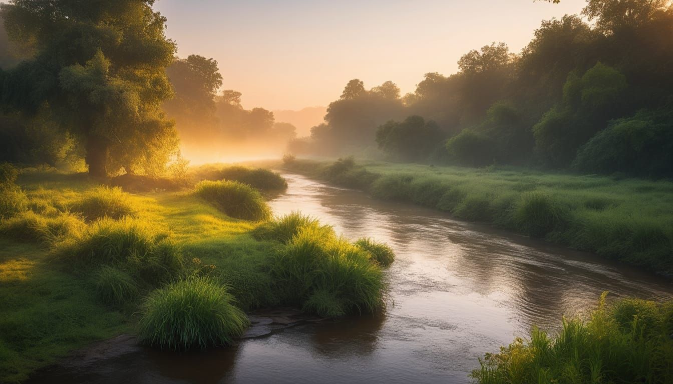 Serene River Landscape at Daybreak: Golden Hour Photography