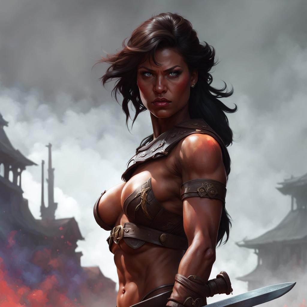 Muscular Barbarian Woman Portrait in Hyperdetailed Style