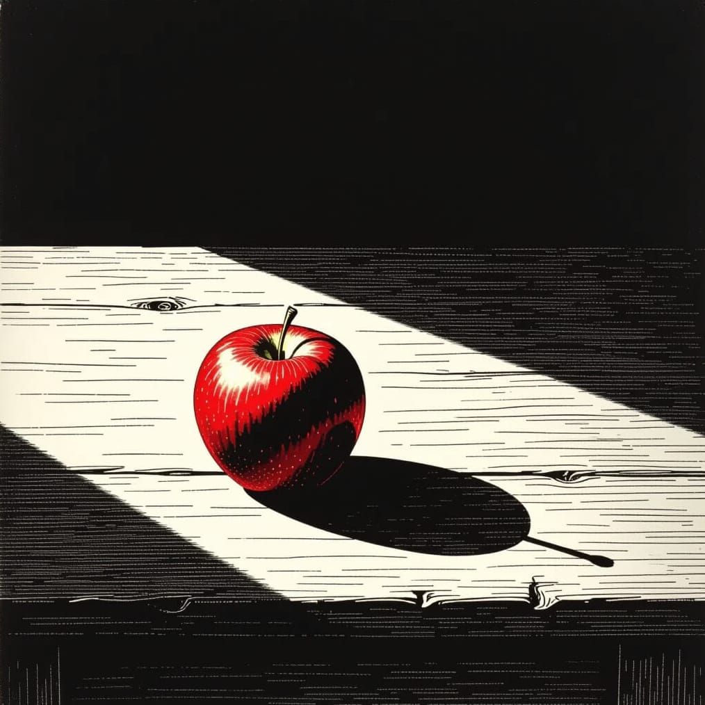 Apple on Table in Intricate Ink Engraving Style