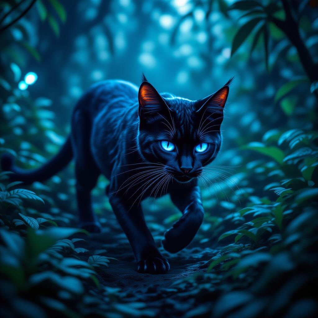Bioluminescent Feline Prowls Alien Jungle at Night