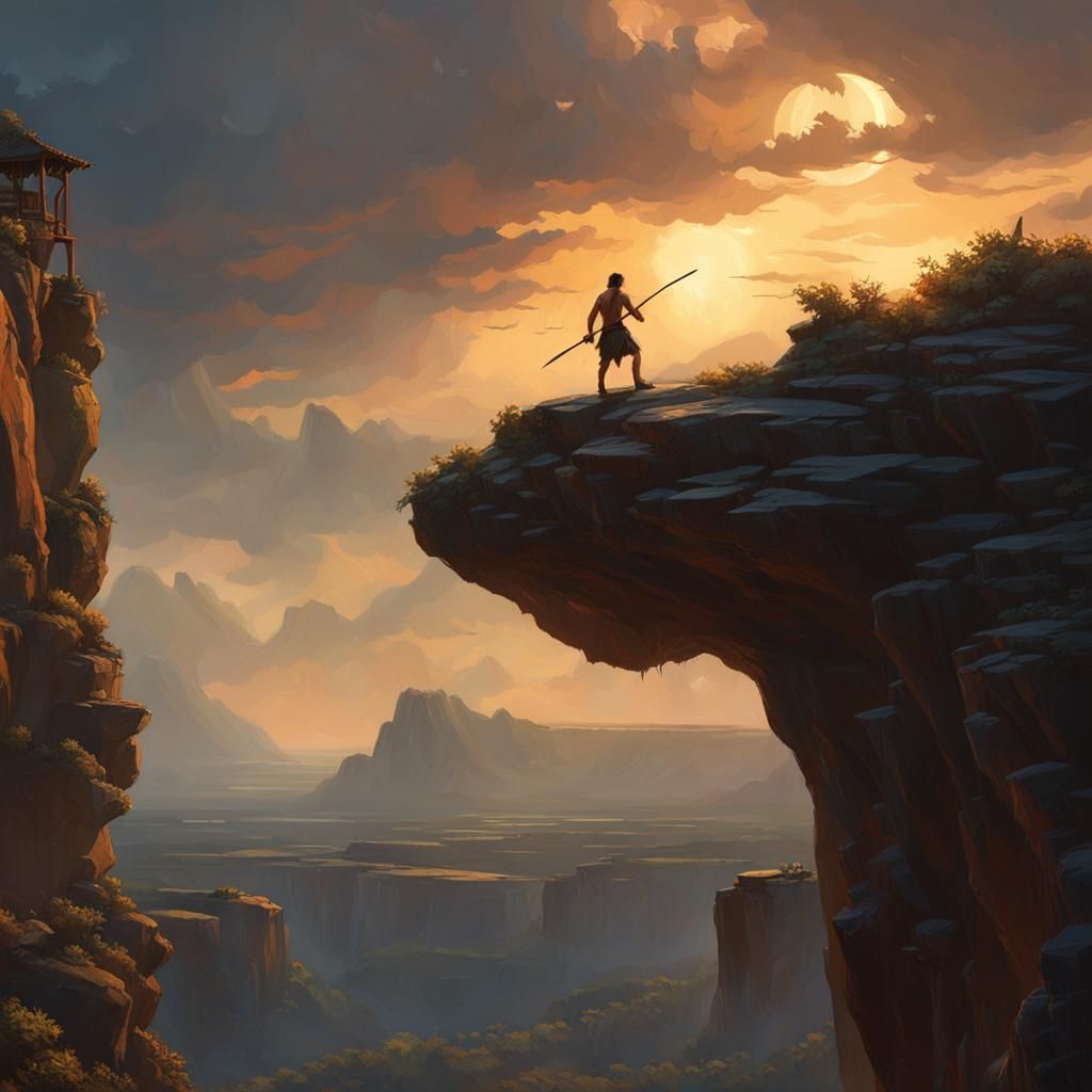 Caveman Gazing at Pteranodons in Dramatic Lighting