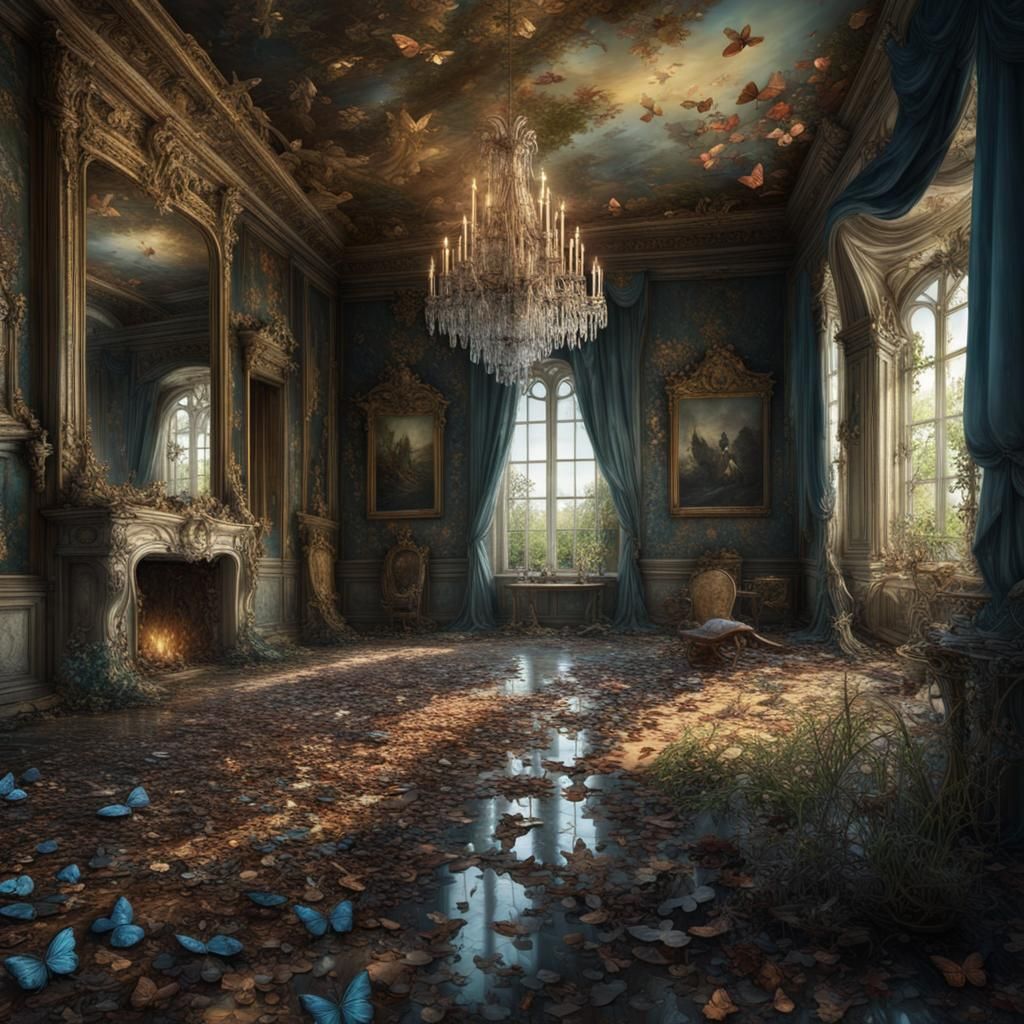 Beautiful abandonded French castle room 17th century full of rotting luxurious things amidst butterflies water flowers h...