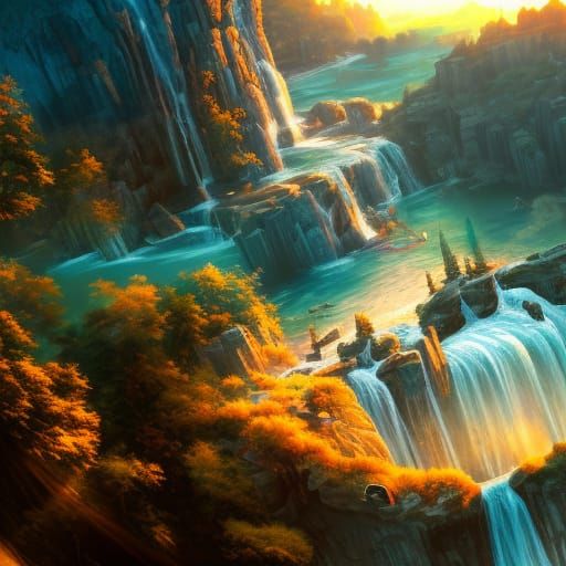 Air Castle Flying Over Waterfall at Sunset