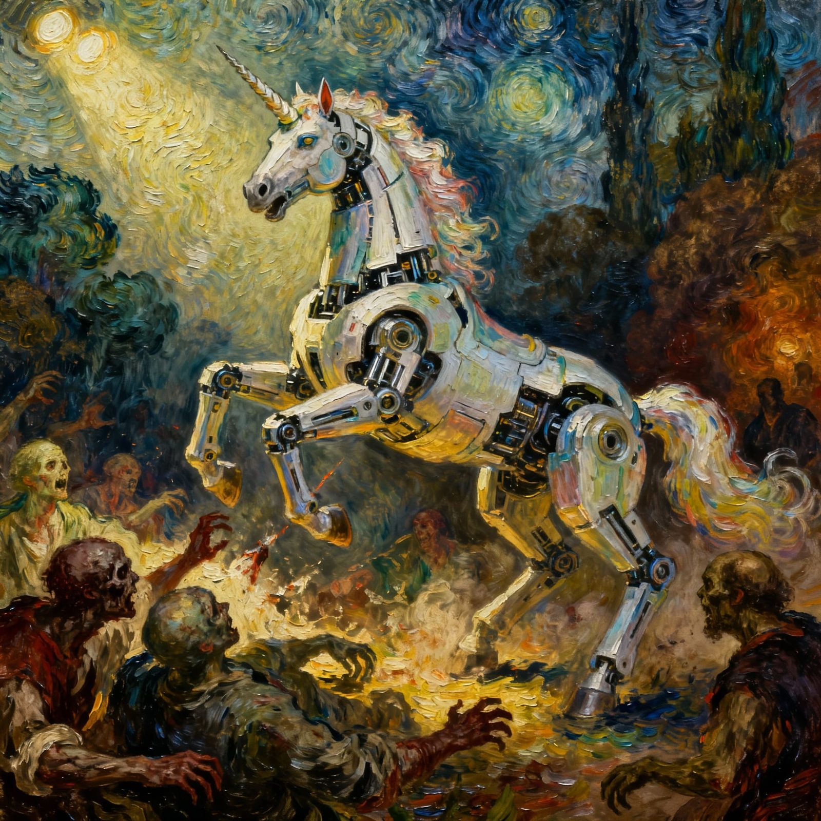 Robot Unicorn Attack in Van Gogh & Rembrandt Styles