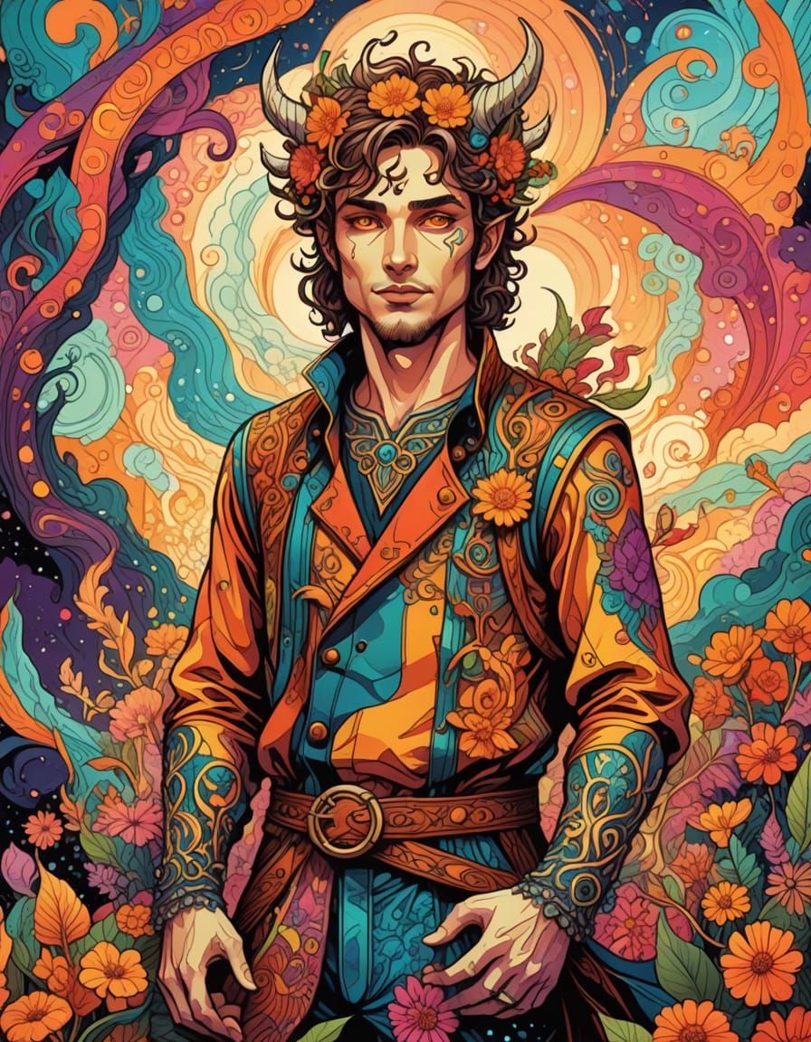 Surreal Fantasy Demon Man in Vibrant Landscape