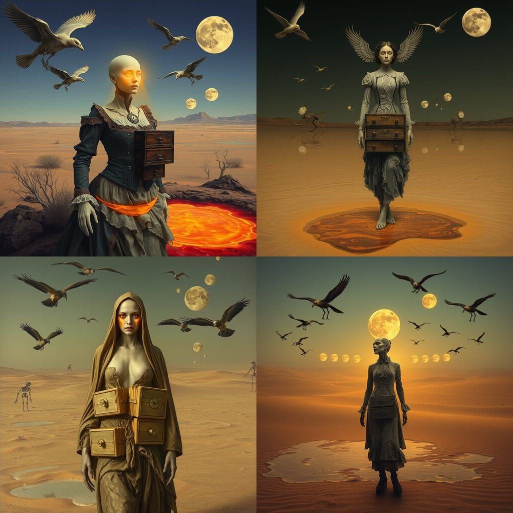 Surreal Desert with Faceless Woman and Golden Tears