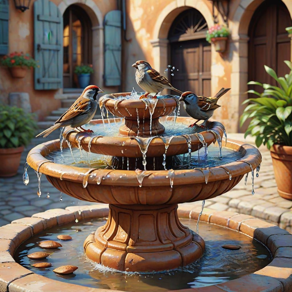 French Village Fountain in Watercolor Oil Painting