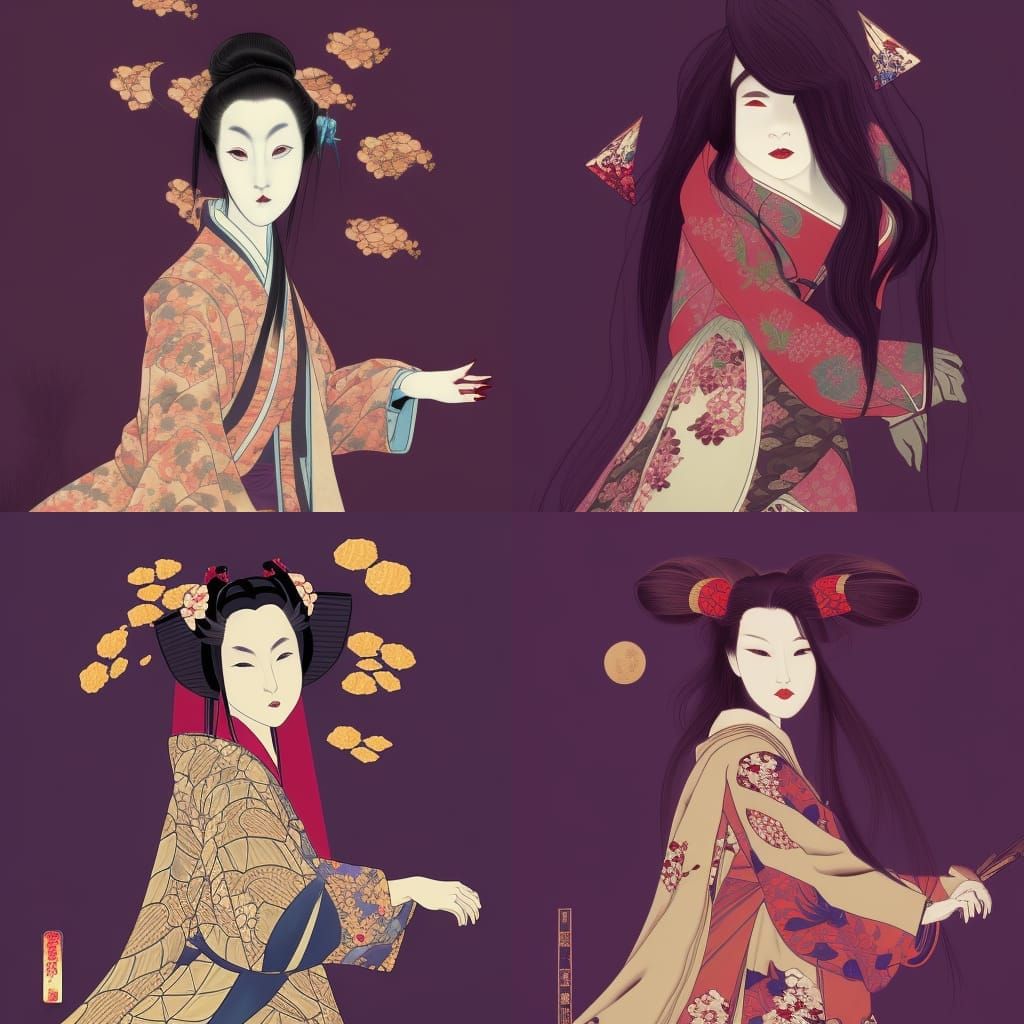 Vampire Woman in Ukiyo-e Dress: Fantasy Art