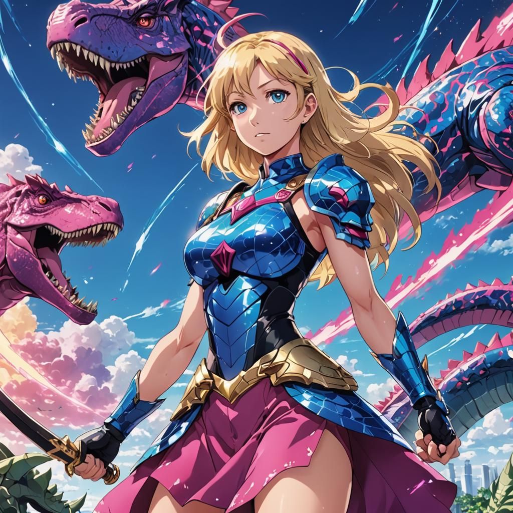 Anime Warrior in Dinosaur Dress Under Blue Sky