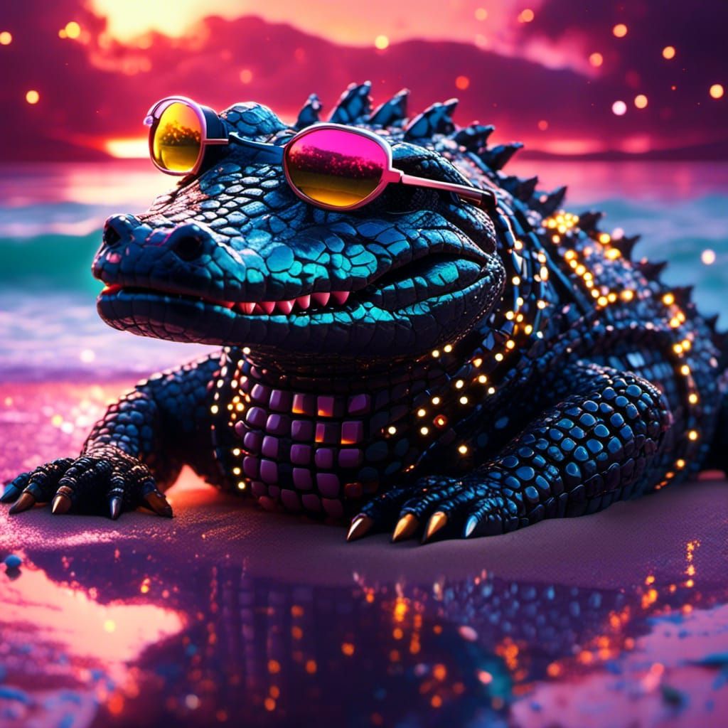 Neon Alligator Pokemon on Beach in Cinematic Style
