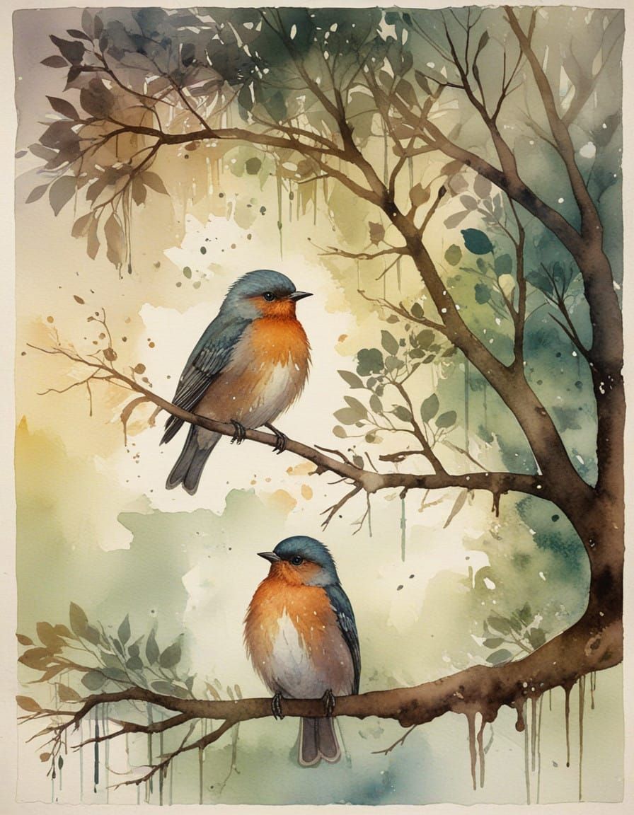 Misty Morning Birds as Watercolor Painting