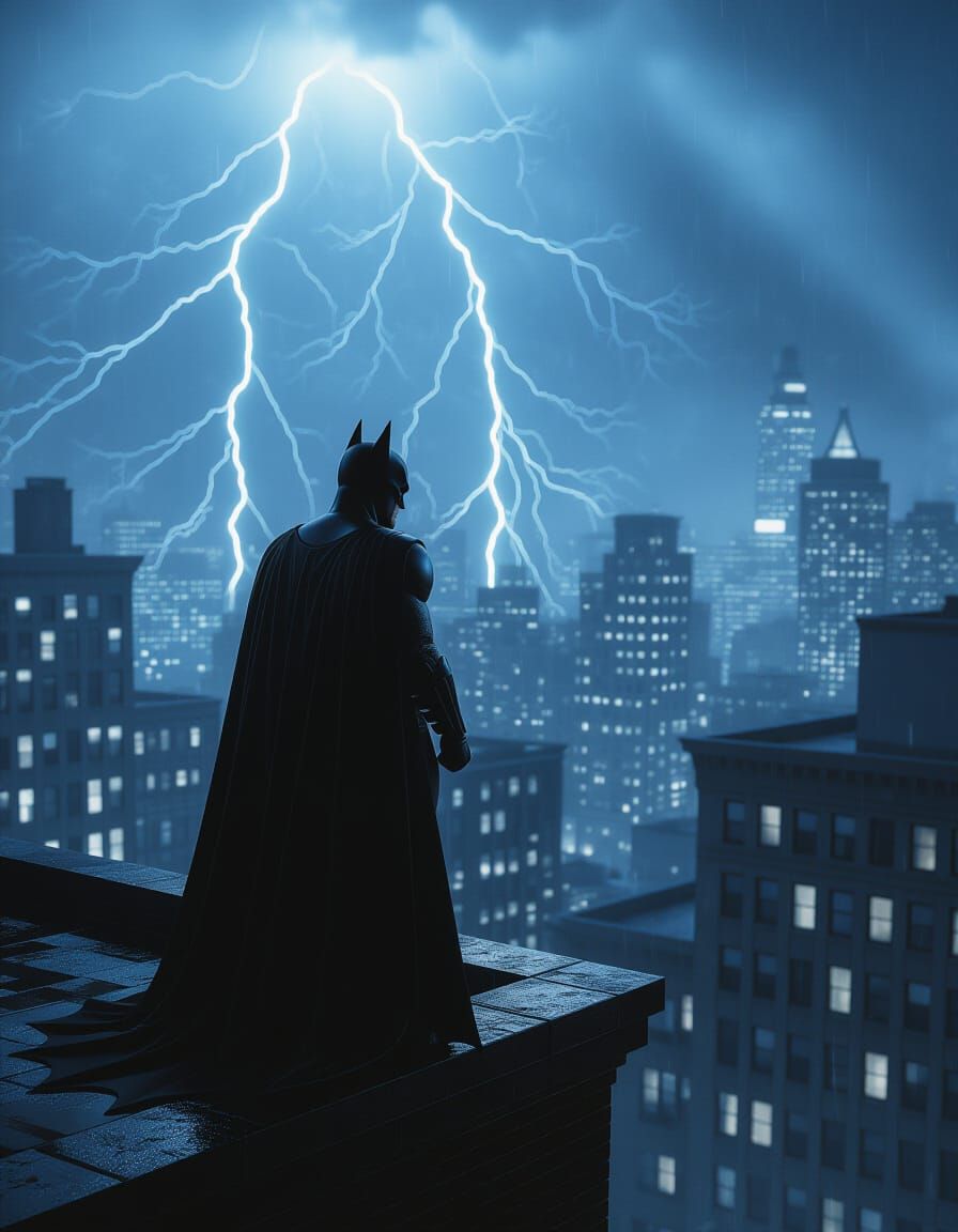Batman on Gotham Rooftop in Film Noir Style
