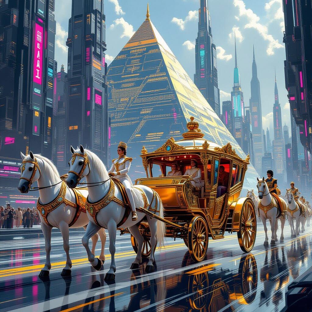 Cyberpunk Horses Pulling Golden Carriage